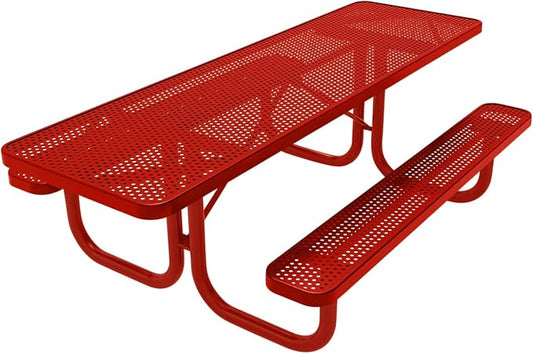 COATEDOUTDOORFURNITURE Heavy-Duty Portable ADA-Compliant Outdoor Picnic Table, Punched Steel Patio Furniture Made in America (8ft Rectangular, Both-Side Handicap, Red with Red Frames)