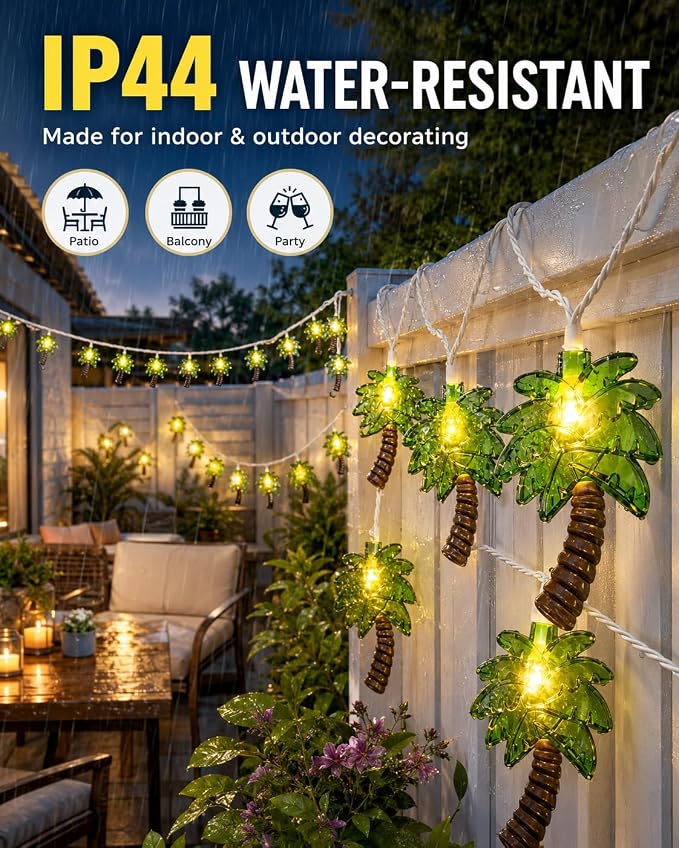 Palm Tree String Lights, Summer Patio String Lights with 10 Palm Tree Light | 8.5Ft Plug in Indoor Fairy Lights for Outdoor Indoor Beach Tropical Party Bedroom Birthday Decor, White Wire