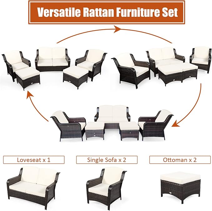 COSTWAY 5PCS Patio Wicker Rattan Furniture Set, Loveseat Sofa with Ottomans and Cushioned Chairs, Conversation Sets for Outdoor Garden Backyard