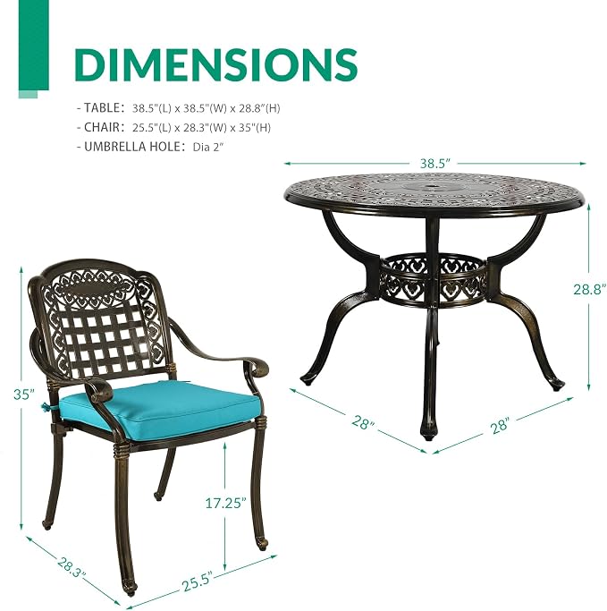 VIVIJASON 5-Piece Patio Furniture Dining Set, All-Weather Cast Aluminum Outdoor Conversation Set, Include 4 Cushioned Chairs and 1 Round Table w/Umbrella Hole for Balcony, Backyard, Ocean Blue Cushion