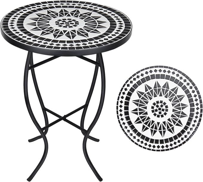 VCUTEKA Mosaic Outdoor Side Table, 14" Round Small Patio Accent Table Indoor End Table for Yard, Garden, Living Room, Bistro Balcony or Lawn Black