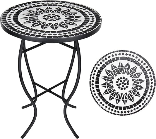 VCUTEKA Mosaic Outdoor Side Table, 14" Round Small Patio Accent Table Indoor End Table for Yard, Garden, Living Room, Bistro Balcony or Lawn Black