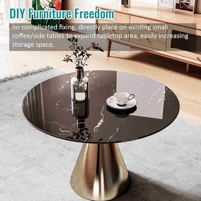 28 Inch Round Black Marble Glass Table Top, 8mm Thick Tempered Glass Tabletop for Dining Tables, Coffee Tables, Patio Tables
