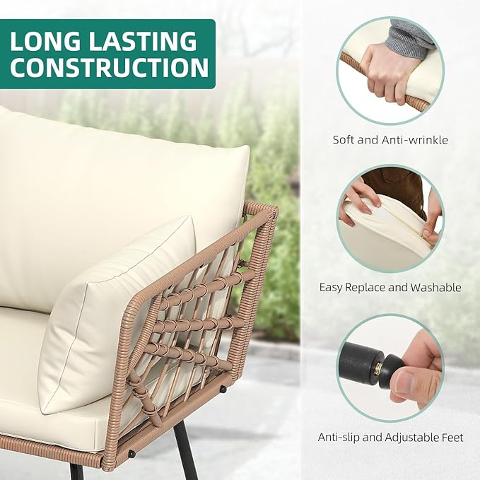 4PCS Patio Furniture Set Featuring L Shape Rattan Sectional Sofa with Thick Cushions, Two-Tier Coffee Table, Boho Outdoor Couch Conversation Set for Backyard, Garden, and Patio Seating