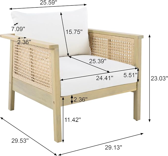Merax Outdoor Acacia Wood Single Chair PE Wicker Club Chair Dining Chair with Waterproof Detachable Cushion, Light Teak Finish & Cream Cushion