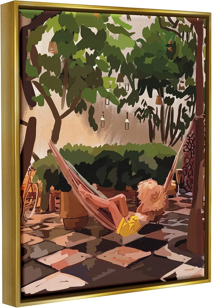 'Woman Lounging Hammock Tropical Summer'| Floating Frame Canvas Art | Stupell Industries | Gold, 17 x 21 Inches, Easy to Hang and Sturdy, Made in USA, by Amelia Noyes