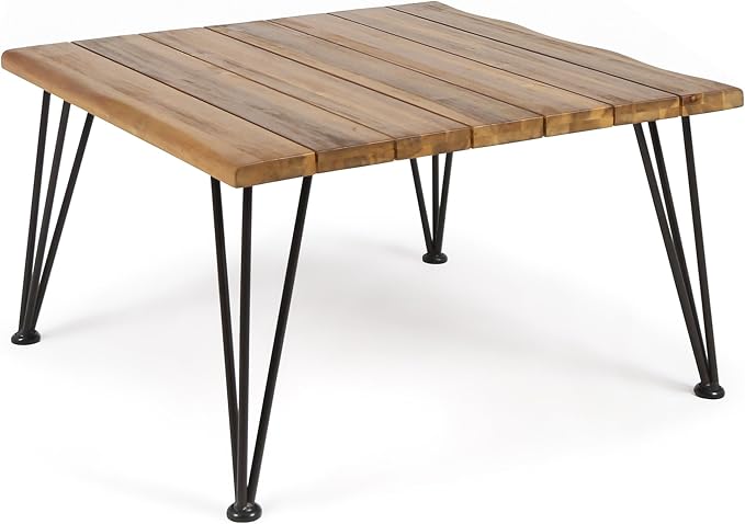 roomfitters Outdoor Wooden Coffee Table with Slatted Top and Iron Hairpin Legs, Patio Accent Table for Garden, Natural