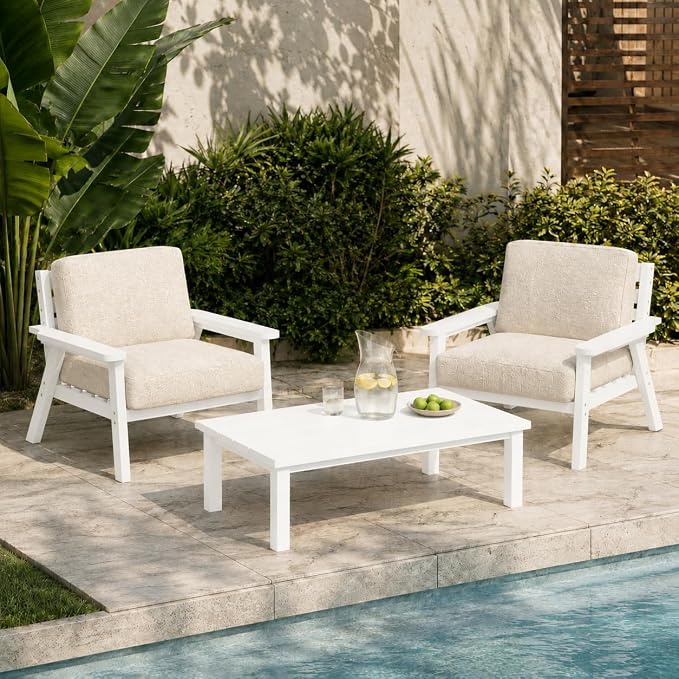 HDPE Outdoor Coffee Table, Weather-Resistant Rectangle Patio Coffee Table with Large Tabletop for Balcony, Deck, Garden, Poolside (White)
