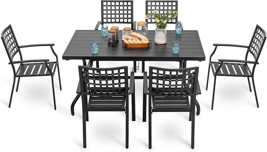 NUU GARDEN Outdoor Patio Dining Set, Black Powder-Coated Finish, 6 Dining Chairs and 61'' x 37'' Rectangle Dining Table with 1.57'' Umbrella Hole, Iron Frame, for Outdoor and Indoor Space