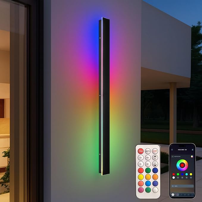 Modern Outdoor RGB Wall Lights, 59 Inch RGB Dimmable Long wall Light, Ip65 Waterproof Black Linear Exterior Wall Sconce with Remote and APP Control for House, Garage, Porch