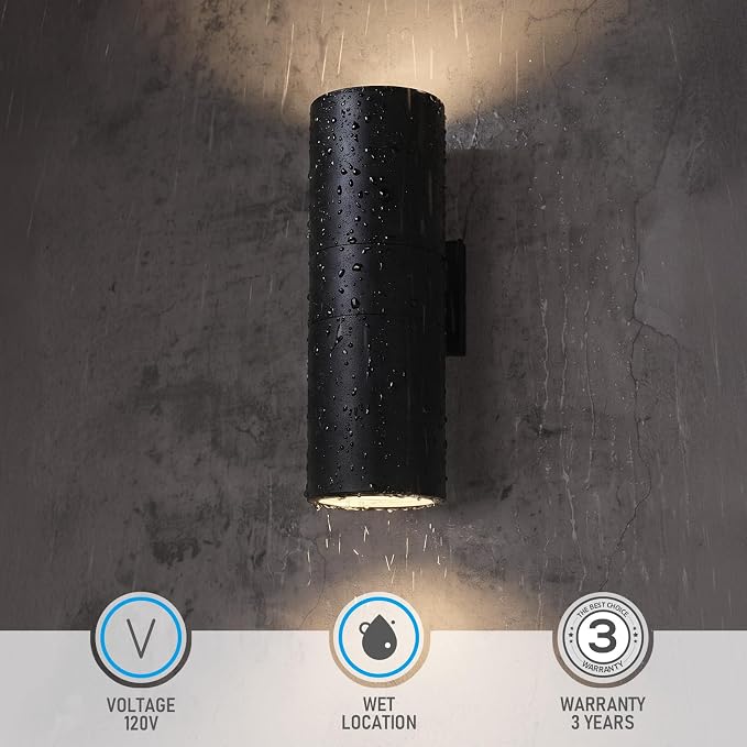 LEONLITE 2-Pack 18" Outdoor Cylinder Wall Light, Up and Down, E26 Base | Modern Porch Patio Lights, Waterproof Wall Sconce, Exterior Light Fixture Wall Mount, Aluminum, Matte Black, ETL Listed