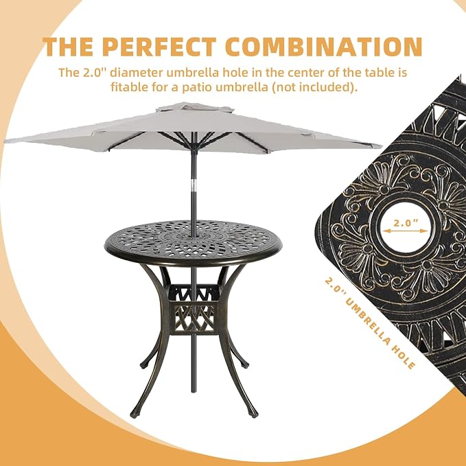 3-Piece Outdoor Patio Dining Set, All-Weather Cast Aluminum Patio Furniture Set for Backyard Garden Deck with 2 Swivel Cushioned Chairs and 31” Round Table, 2" Umbrella Hole, Khaki