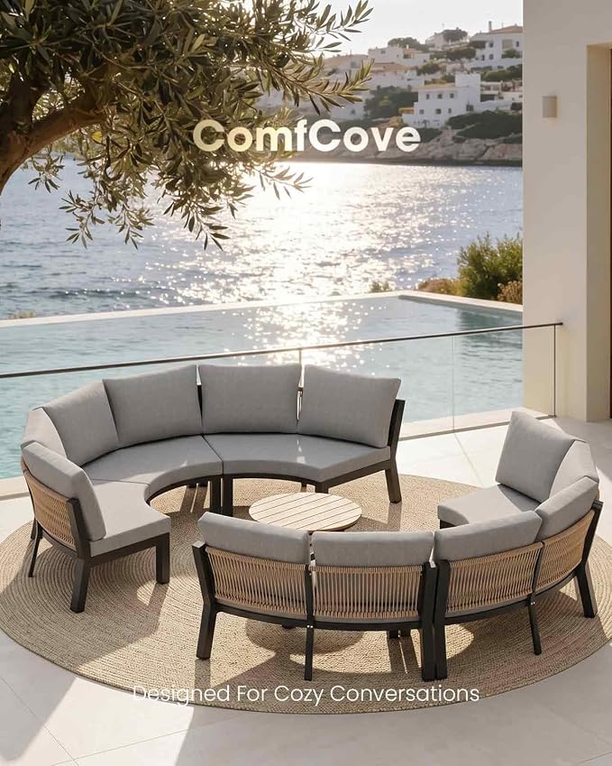 Half Moon Patio Furniture Set, Aluminum Curved Patio Conversation Sets, Luxury Outdoor Sectional Sofa with PE Rope, All-Weather 7 Pcs Outdoor Couch with Modular Coffee Table & Cushions, Gray