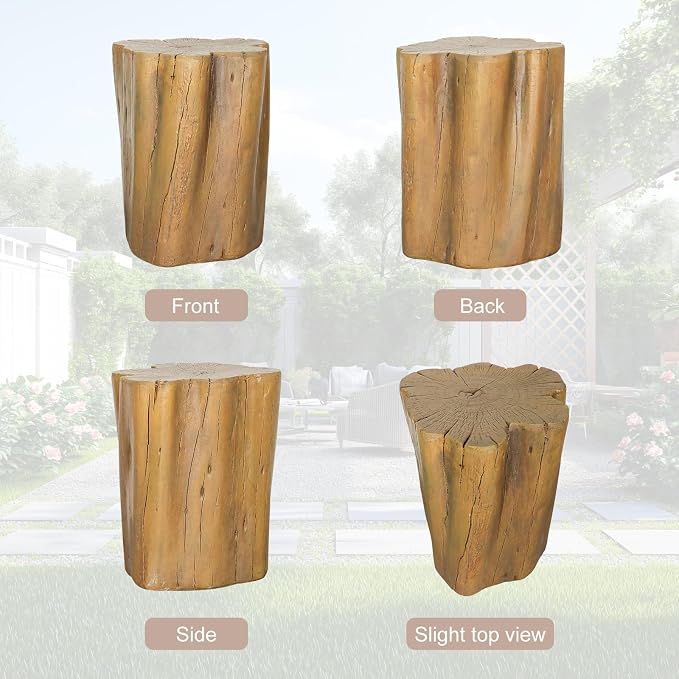 Outdoor Side Table, Fiber Reinforced Concrete Patio End Table, 17.9 Inch Natural Wood Look Garden Stool Statue with Crack Texture Design for Patio, Garden, Porch, Poolside