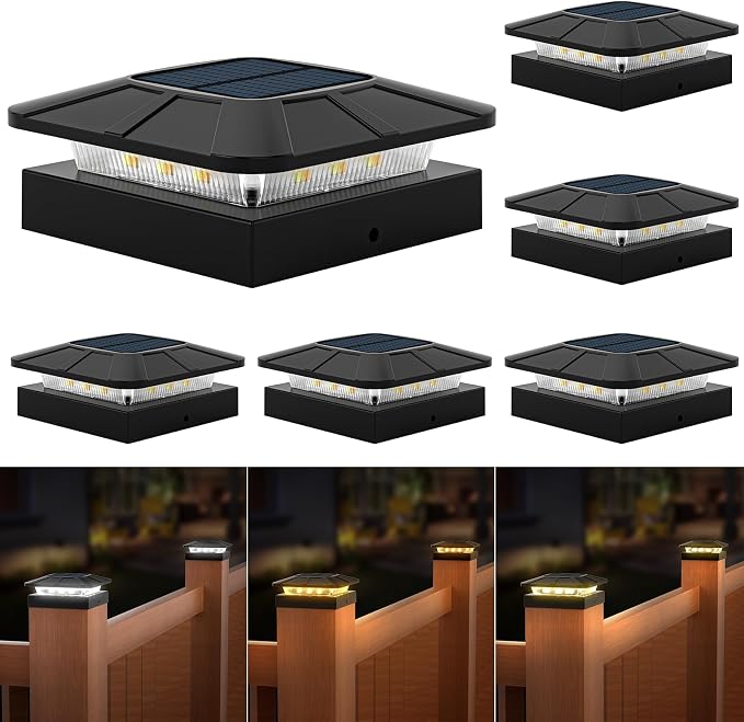 4x4 Solar Fence Post Cap Lights Outdoor Waterproof, 6 Pack | IP65, 3 Modes Auto On/Off,Deck, Garden, Patio, Deck, Backyard, Porch, Sidewalk