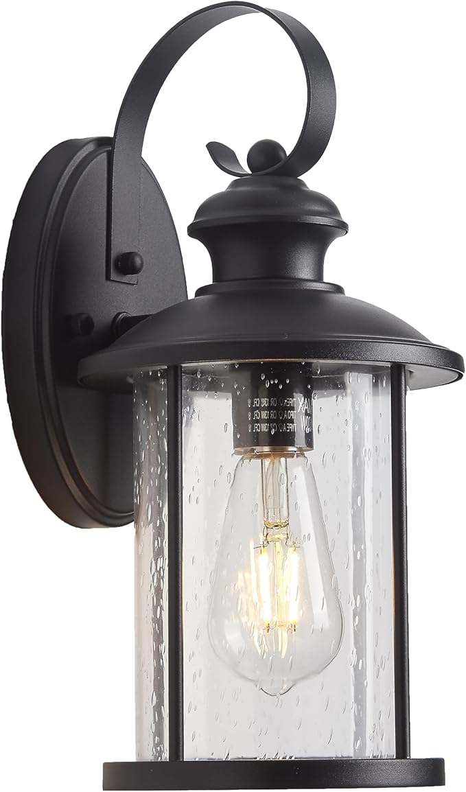 MICSIU 13.75" Matte Black Farmhouse Outdoor Wall 1 Pack | Clear Seedy Glass, Anti-Rust, Outside Porch Light For House, Porch, Garage, Front Door