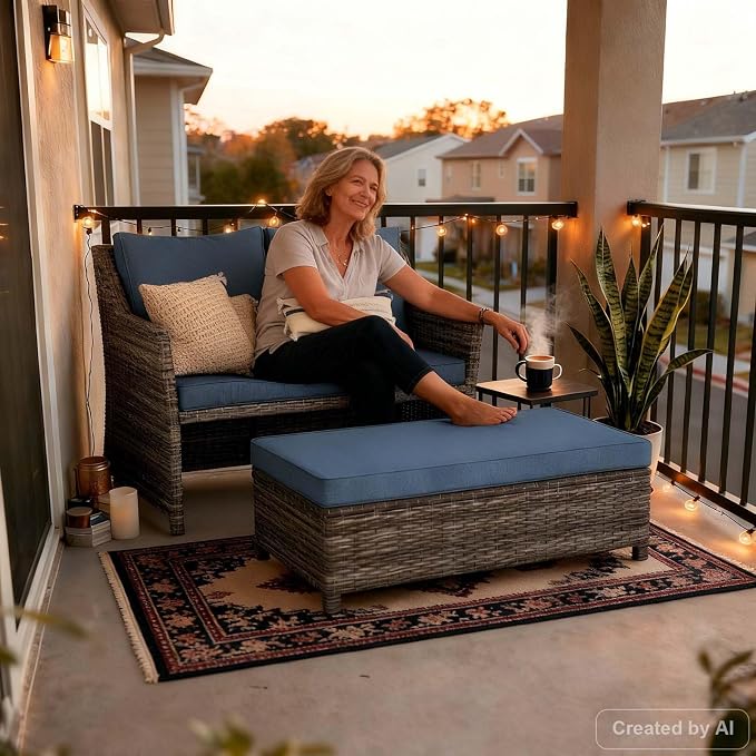 OC Orange-Casual 2-Piece Outdoor Patio Furniture Wicker Love-seat and Coffee Table Set, with Built-in Storage Bin, Grey Rattan, Navy Blue Cushions