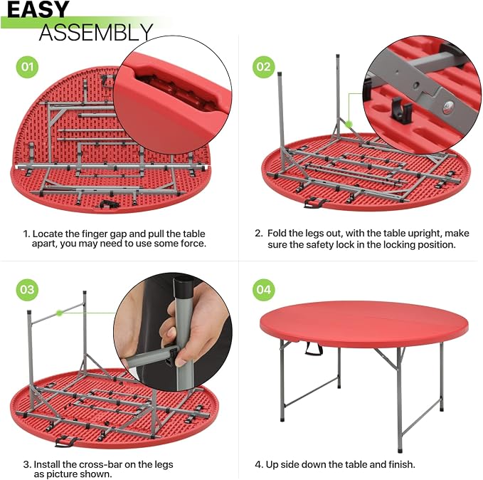 Magshion 60" Round Folding Table, 5 Feet Bi-Folding Plastic Commercial Dining Card Table w/Carrying Handle for Outdoor Wedding Party Event Picnic, Red