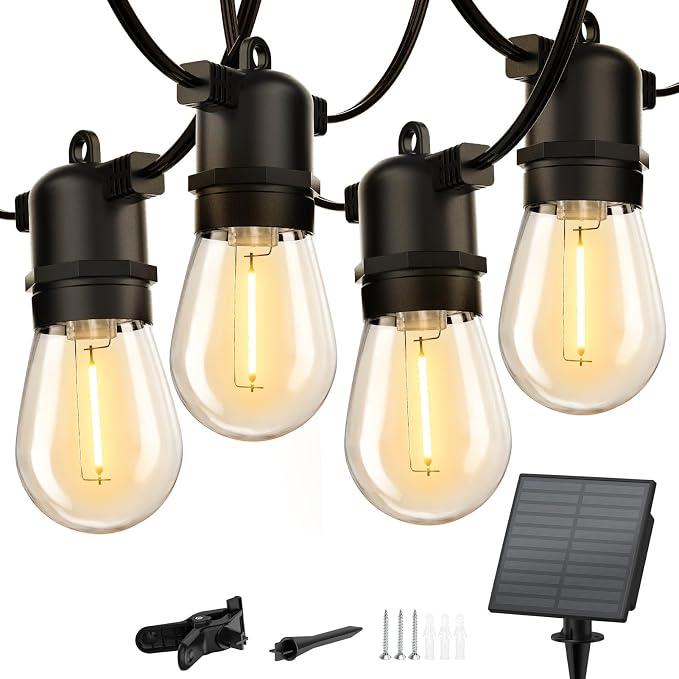 Minetom 34FT Solar String Lights Outdoor with Remote, Patio Lights | with 10 LED Shatterproof Bulbs and Hooks, E26 Socket and Type-C Port,Waterproof Hanging Lights for Outside Cafe Garden Bistro