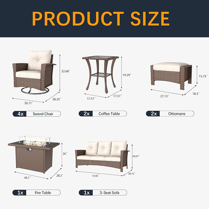 10 Pieces Outdoor Patio Furniture Set with Fire Pit Table, Wicker Patio Sectional Set Conversation Wicker Swivel Chairs with Small Side Table