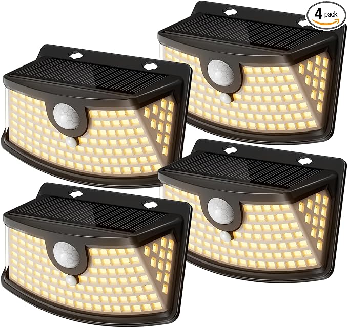 Aootek Solar Motion Sensor Lights Outdoor 120 LEDs, Black, 4 Pack | Lights Reflector, 270° Wide Angle, IP65 Waterproof, Step Lights For Front Door, Yard, Garage, Deck
