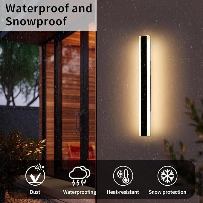 Modern Long Wall Sconces, 31.4inch Patio Wall Lights, 3000K Warm White Light, Black Minimalist Style, White Frosted Acrylic Panel, IP65 Waterproof Outdoor Wall Light Fixture for House, Garage, Garden