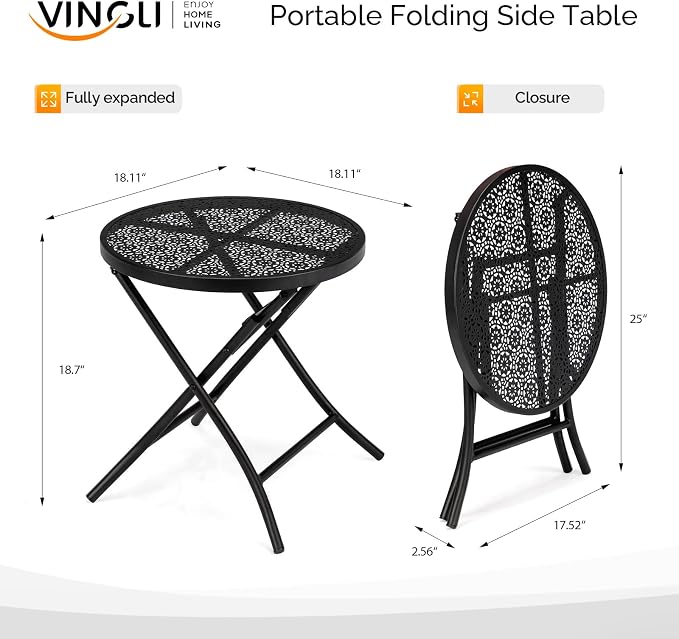 VINGLI Outdoor Folding Side Table with Chic Hollow Pattern and Durable, Rust-Resistant Coated Iron Patio Bistro Table Suitable for Indoor & Outdoor Porch, Deck, Balcony and Pool,Black