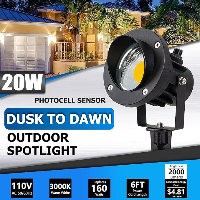 SUNVIE Outdoor LED Spotlight with Dusk to Dawn Photocell Light Sensor 20W Landscape Lights 120V AC 3000K Warm White Waterproof Landscape Spotlights for Yard Tree Flag Garden Decor 6 FT Cord(2 Pack)