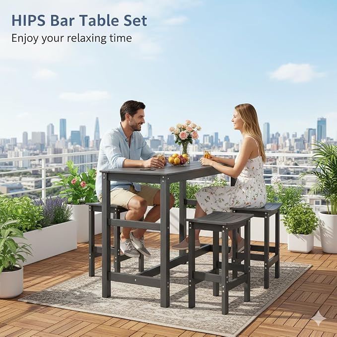 5Pcs Poly Lumber Outdoor Patio Bar Set, All Weather HIPS Bar Table and Chairs Set for Outside, 55" Rectangular High Top Bar Table with 4 Bar Stools for Patio, Poolside, Balcony, Hot Tub, Black