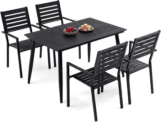 5 Piece Outdoor Dining Set All Weather Patio Dining Set with HDPE Wood-Like Tabletop, Rustproof Metal Outdoor Table and Chairs with 4 Stackable Chairs for Garden Backyard, Black
