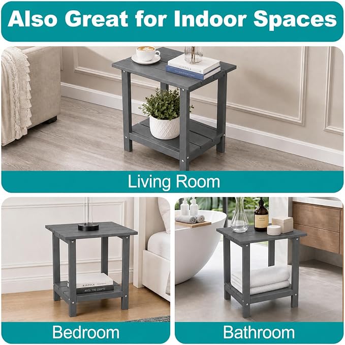 Outdoor Side Table with Storage Shelf, 2-Tier Patio Side Table, HDPE All Weather Outdoor End Tables for Adirondack Chair, Small Patio End Table for Deck Backyard Porch Lawn Poolside, Grey
