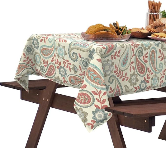 DYTXIII Outdoor Rectangle Tablecloth with Umbrella Hole and Zipper 84" x 60", Water Repellent Floral Picnic Cover, Fade & Wrinkle Resistant Tablecloth for Patio/Garden/Party Table, Paisley Vintage
