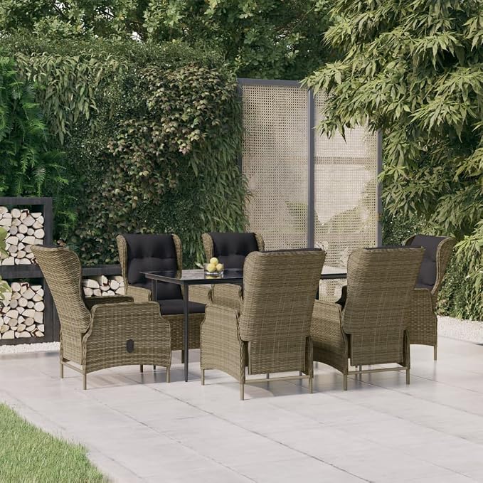 7 Piece Patio Dining Set Brown Poly Rattan Outdoor Rattan Dining Table with 6 Adjustable Backrest Chairs and Tempered Glass Tabletop for Garden Lawn Deck Patio Backyard, Black Cushion