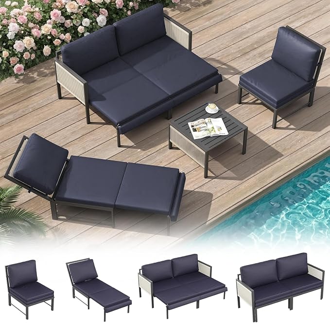 AECOJOY Aluminum Patio Furniture Set 4 Seats Outdoor Sectional Sofa Couch with Coffee Central Table Patio Conversation Sets for Porch Deck