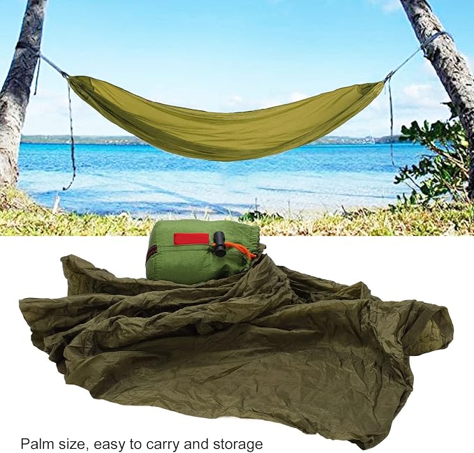Portable Parachute Camping Hammock, Lightweight Outdoor Hammock with Aluminum Snap Hooks and Storage Bags, Compact Foldable Design for Hiking Backpacking Travel (Army Green)
