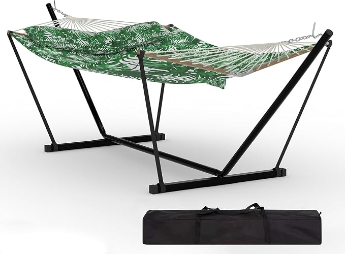 Heavy Duty Double Hammock with Adjustable Steel Stand – Quilted 2 Person Outdoor Bed with Soft Pillow – Portable for Patio, Garden, Backyard, Beach – 450 lbs Capacity – Green Banana Leaf