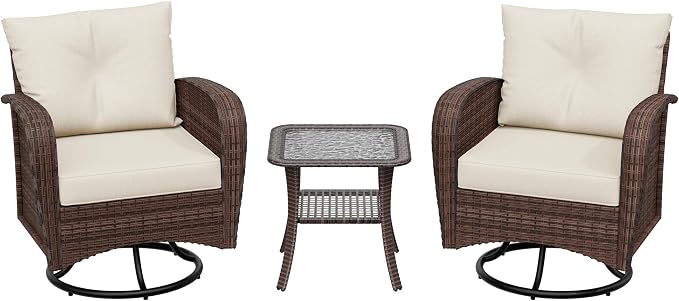 3 Pieces Conversation Furniture Set of Patio Swivel Rocking Chairs and End Table, Wicker Rattan Outdoor Set with Washable Cushions for Backyard, Poolside, Sunroom (Beige)