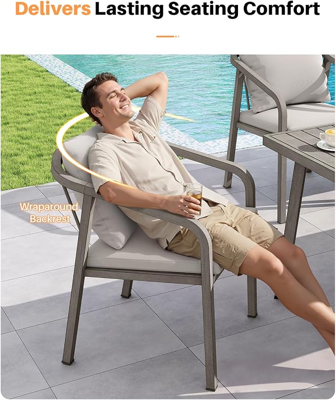 9 Pieces Never-Rust Aluminium Outdoor Dining Set, Patio Dining Table Set for 8, Patio Dining Set with Rectangle Table, Outdoor Dining Chairs with Removable Cushions for Deck, Balcony, Gray Oak