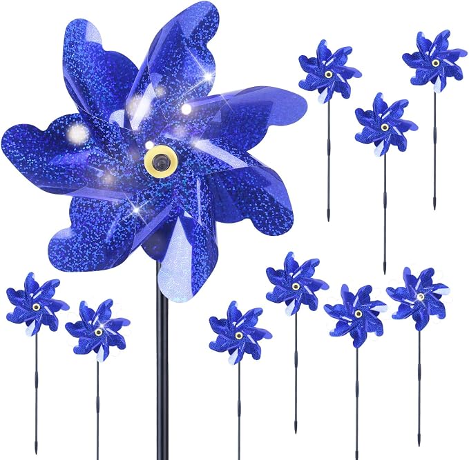 BATTIFE Preassembled Reflective Pinwheels for Yard & Garden, Blue, 10 Pack | Sparkly Reflective Material Spinner, Spins Best in Steady Wind, Animal-Deterrent Results Vary by Placement and Conditions