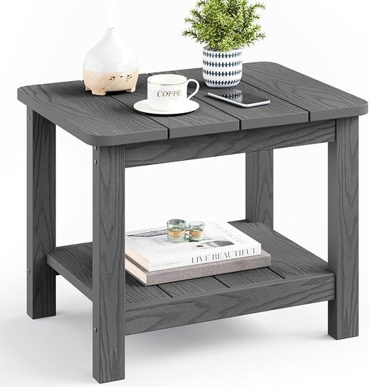 18" Outdoor Side Table, 2-Tier Patio Side Table, Weather Resistant, Easy Assembled, HIPS Adirondack Side Table for Backyard, Pool, Indoor (Gray)