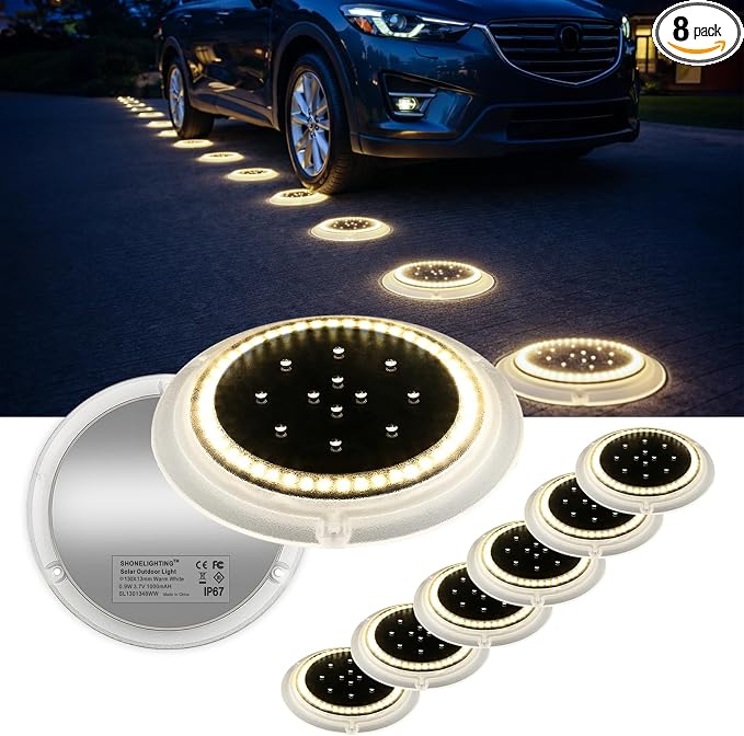 Solar Ground Lights, 48 LEDs Deck Disc, Warm White, 8Pk | Outdoor Waterproof, Flat Round Low Profile, Ultra Bright, IP67 Waterproof, Car Weight Bearing, Driveway, Dock, Path, Walkway