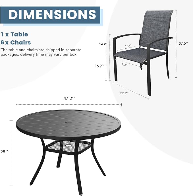 DIFY 7 Pieces Outdoor Dining Set for 6, 47.2" Round Dining Table with Umbrella Hole and Textilene Stackable Patio Chairs, Metal Patio Table and Chairs Set for Garden Backyard Poolside, Black