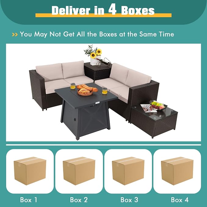 Tangkula 5 Piece Patio Furniture Set with 50,000 BTU Propane Fire Pit Table, Outdoor Wicker Conversation Set w/Cushions, Storage Box and Tempered Glass Coffee Table, 30” Gas Fire Pit Table (Beige)