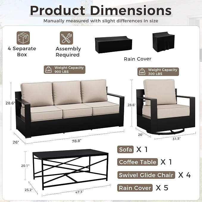 Outdoor Patio Furniture Set, 6-Piece Aluminum Patio Conversation Set All-Weather Metal Outdoor Sectional with 6 Inch Thick Cushions, Deep Setting for Garden, Outside and Porch, Beige