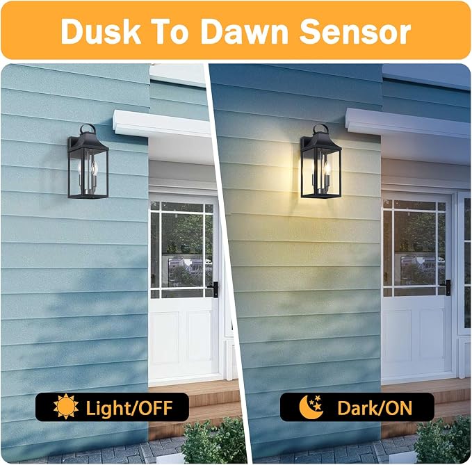 15" Dusk to Dawn Black Outdoor Wall Lantern with E12 Socket, 1 Pack | Outside Modern Wall Sconce Light Fixture, Porch Light Wall Mount, Waterproof Exterior Lamp Lighting for Patio Garage