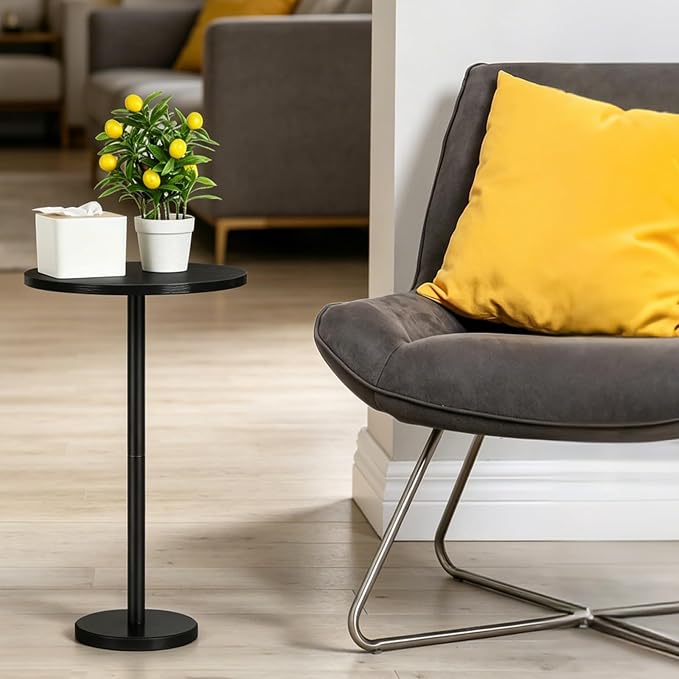 Small Round Side Table Black Drink Table with Marble Base, Modern Weighted Martini Pedestal Table for Small Spaces, Living Room, Bedroom, Sofa Couch, Office