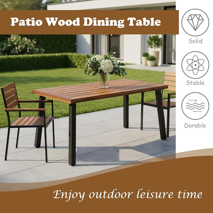 Giantex Patio Dining Table with Umbrella Hole, Outdoor Picnic Table for Backyard, Garden, Lawn, Farmhouse, Acacia Wood Rectangular Table with Metal Legs, Rustic Brown