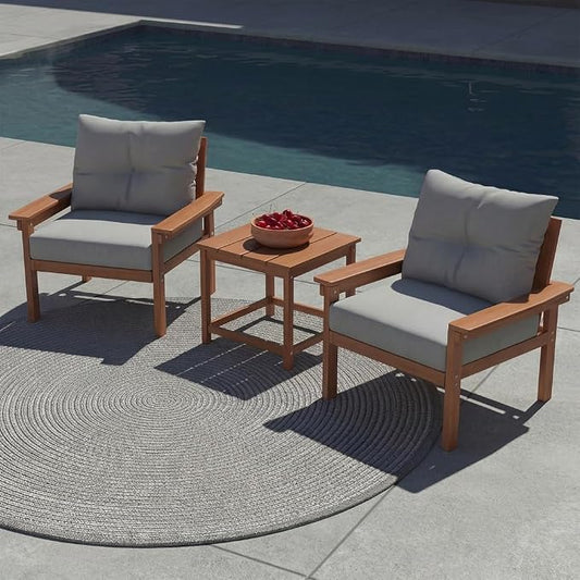 3 Piece Patio Furniture Set, All-Weather HDPE Outdoor Conversation Set with 2 Armchairs and 1 Side Table, Heavy Duty Porch Bistro Set for Garden & Balcony, Natural Teak