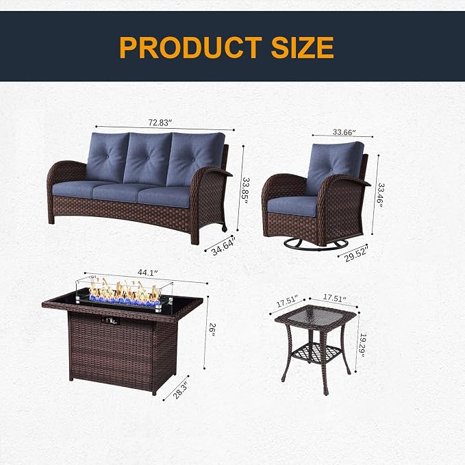 5 Pieces Outdoor Wicker Patio Swivel Rocking Chairs, All Weather Wicker Conversation Set with 44" Fire Pit Table