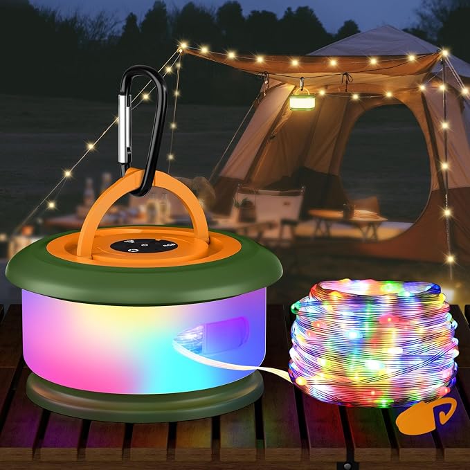 Camping String Lights, Retractable 32.8FT Rechargeable Fairy Light | Quick Storage RGB Flash Lamp Outdoor Waterproof, Portable Hanging Lantern for Outside Tent Patio Awning Garden RV Essentials